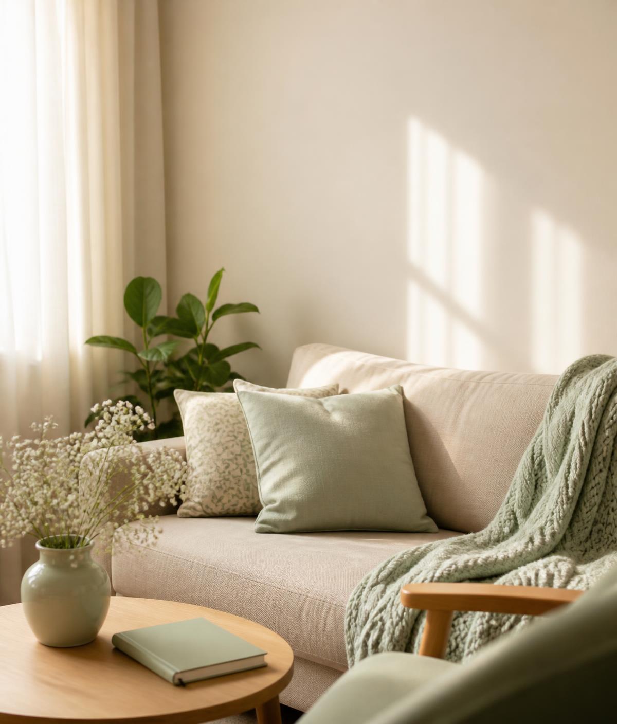 A cream linen sofa with sage cushions and baby's breath in a warm, calm room