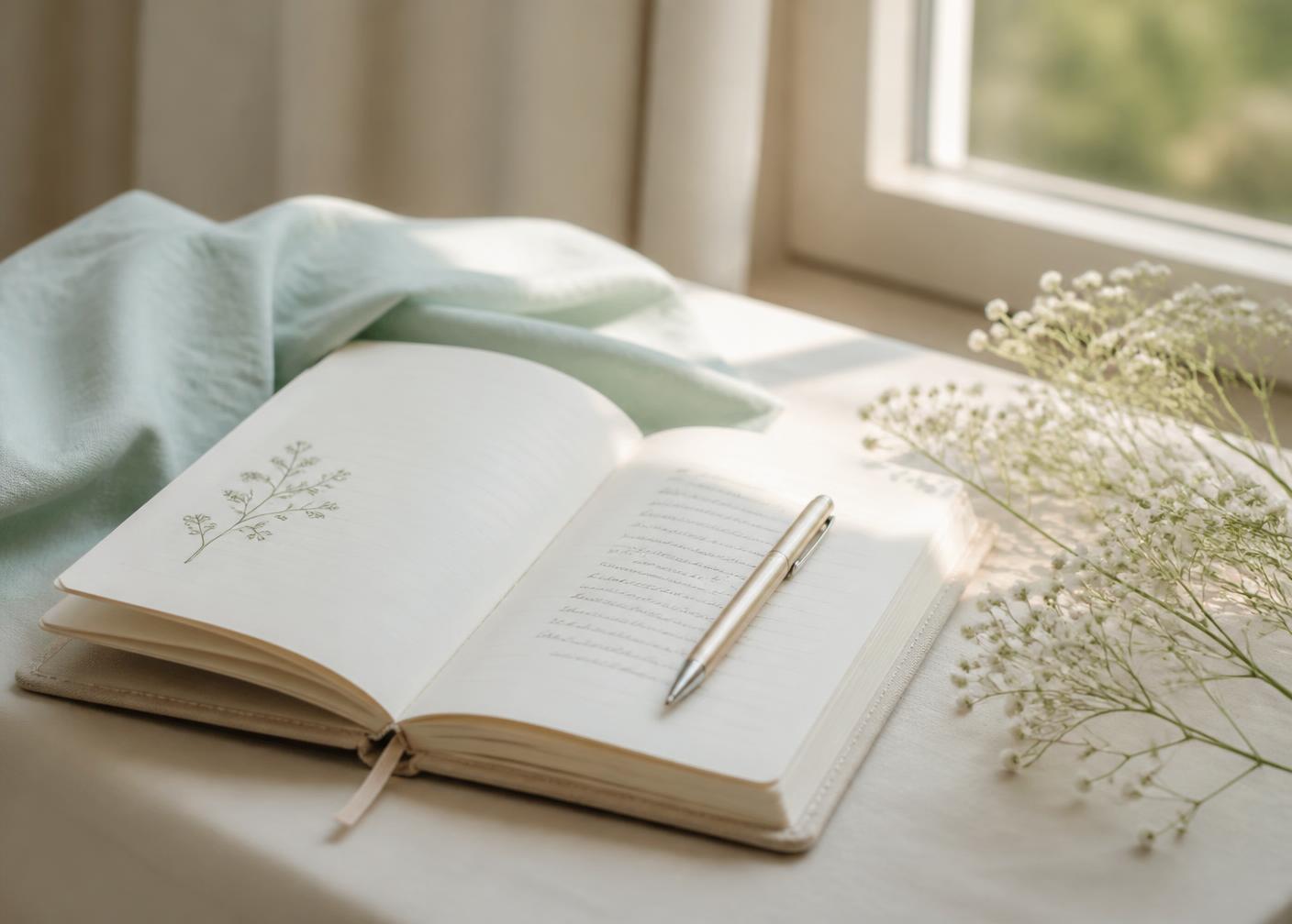 An open journal and pen beside baby's breath flowers in soft window light