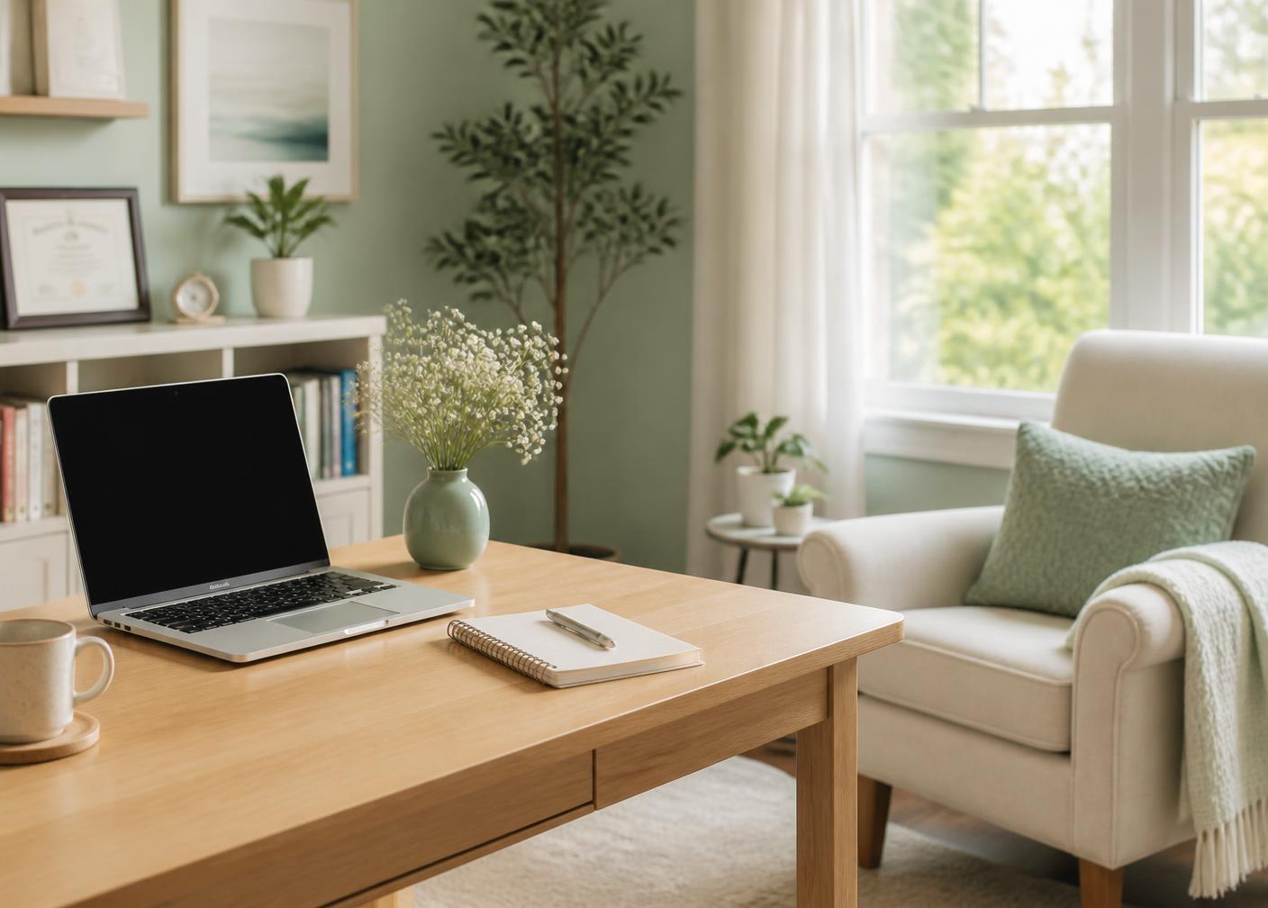 A calm room set up for online therapy sessions, with a laptop, notebook and flowers
