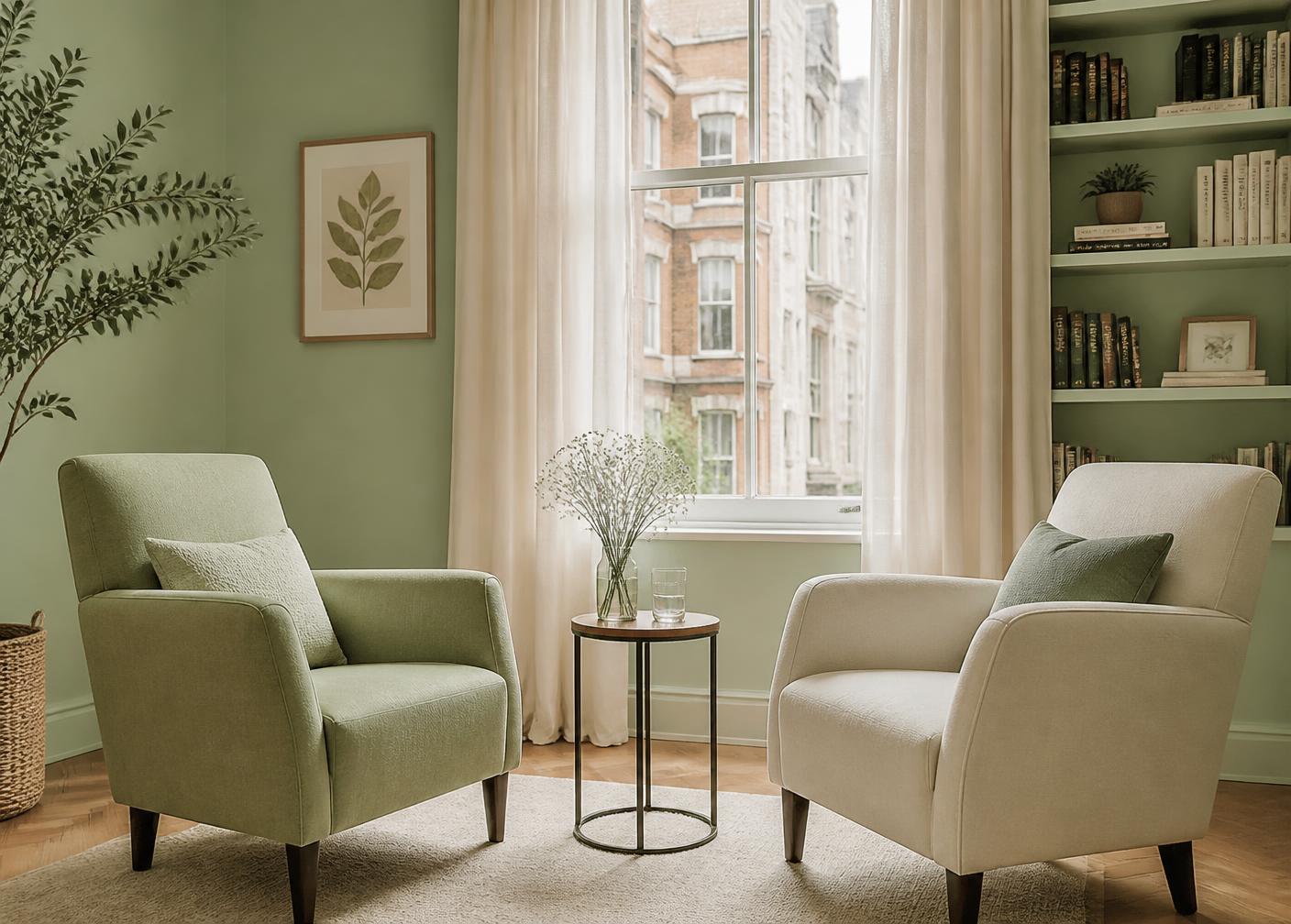 Two soft armchairs facing each other in a calm Central London consulting room
